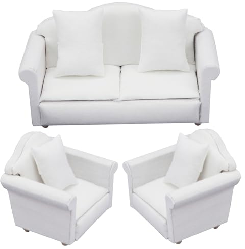 Puppenhaus-Couch mit Kissen,3-teilig,Mini-Puppenhaus-Sofa,Maßstab 1:12,Puppenhaus-Möbel und Zubehör,Spielzeug,Wohnzimmer-Sessel,Weiß
