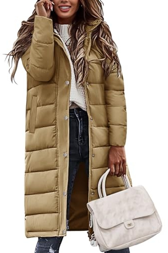 Vancavoo Abrigo Acolchado de Invierno para Mujer Abrigos Largo con Capucha Chaqueta de Acolchada Cálido Gruesa Elegantes para Exteriores(Caqui,XXL)