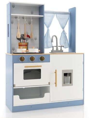 GYMAX Cucina per Bambini con Effetti Sonori e Luci, Set da Cucina con Tendine, Forno, Rubinetto, Distributore d'Acqua e Spazio di Archiviazione, Gioco di Imitazione, Regalo per 3＋Anni (Blu)