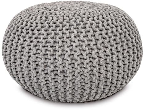 Amago home Strickhocker Pouf Ø45 o. 55cm Bodenkissen Sitzpouf XXL Baumwolle nachhaltig Größe ø 55 cm, Farbe hellgrau