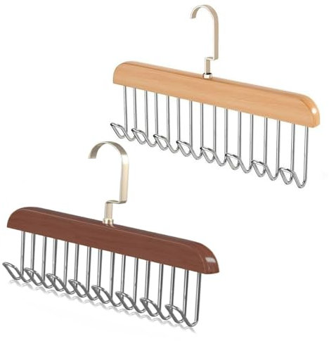 Belt Hanger for Closet,2 Pcs Anti Slip Tie Hanger Multifunctional Coat Hanger Hooks Closet Organizers Hook Tie Hanger Multi Hook Hanger for Closet with 8 Hooks(Wood,Brown)