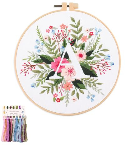 artcici Broderi-kit växt blomma bokstav A mönster för nybörjare vuxna, komplett sortiment broderi startsatser korsstygn handarbete tillbehör