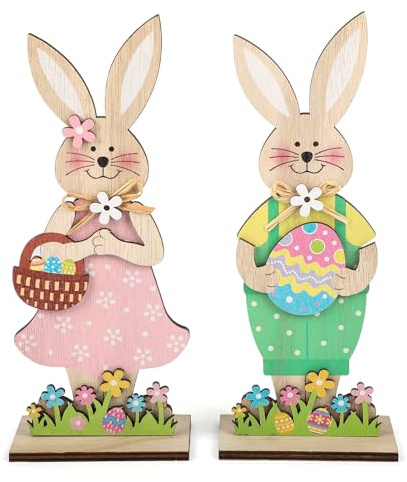 COCHIE Decoración de Pascua, conejo de Pascua, decoración de madera, para colocar de pie, juego de 2 unidades decorativas para Pascua, decoración de jardín, conejos de Pascua, decoración de madera