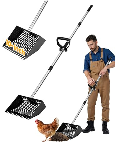 QULUXAO Chicken Poop Scooper & Rake 2-in-1 with Ergonomic Grip, Adjustable Length (22–61.5), Metal Sifting Shovel with Holes for Chicken Coop Cleaning, Multifunctional Chicken Manure Scoop