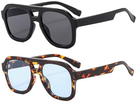 Long Keeper Gafas de Sol Piloto para Hombre Mujer Gafas de Sol Cuadradas Vintage Retro Marco Cuadrado Gafas de Piloto Vintage Protección UV400, 50MM ((2 Pares) Negro/Gris Oscuro + Leopardo/Azul)