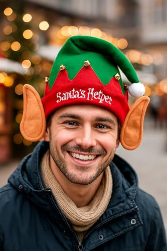 Adult Elf Hat With Bells & Ears Red and Green Felt Elves Hat Christmas Novelty Gift Xmas Party Hats Jingle Bells Elf Fancy Dress Costume Santa's Helper Accessories for Men and Women