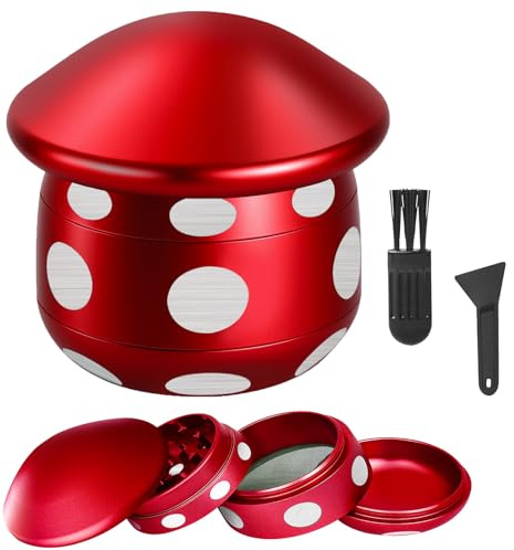 LHOEST Grinder 50MM Crusher 24 Grinding Teeth Metal Grinder Red Mushroom Design Cool 4 Layers Grinders Metal Crusher for Spice Mill with Scraper Plastic Brush