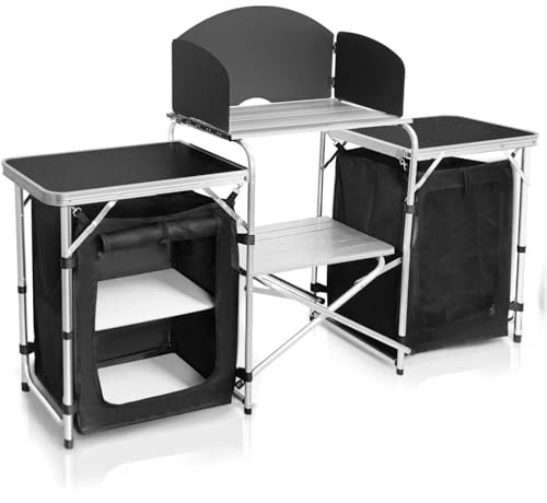 Folding Camping Kitchen Table with 3-Sided Windscreen, Portable Outdoor Cooking Station with Storage Cabinet and Side Tables for Camping BBQ Picnic RV Use