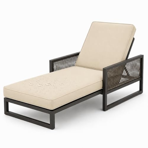 AZMAHT Coussin Exterieur Impermeable avec Mousse 50D, Coussin Transat Bain De Soleil À Accoudoirs & 6 Sangles, Matelas De Remplacement Épais pour Chaise Longue Jardin,Offwhite,183x53x5cm