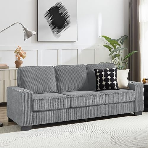 luckdect 206CM Canapé 3 Places, Confortable Canape Dangle Convertible avec Assise Profonde, Velours Côtelé, Moderne canapé modulable, Petit canapé 3 Places avec Porte-gobelets pour Chambre à Coucher