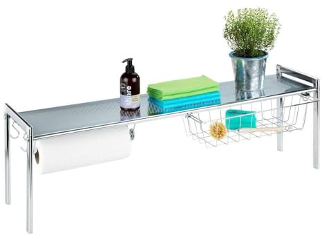WENKO Etagère d'évier Exquisit - avec porte essuie-tout, Métal chromé, 93 x 30 x 21.5 cm, Argent brillant