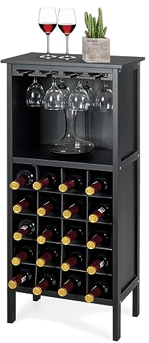 COSTWAY Cantinetta Portabottiglie in Legno, Scaffale per Vino con Portabicchiere/Calici, Portavino per 20 Bottiglie e 4 Calici, 42 x 24,5 x 96 cm (Nero)