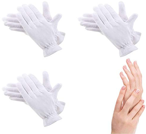 100% Cotton Gloves for Eczema,3 Pairs White Cotton Moisturizing Gloves Over Night Bedtime | Cosmetic Inspection Premium Cloth Quality | Dry Sensitive Irritated Skin Spa Therapy Secure Wristband