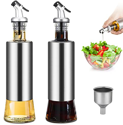 Aceitera y Vinagrera Aceitera Vinagrera Botellas Cristal para Aceite de Oliva Acero Inoxidable, con Boquilla de Vertido y Embudo, Utilizado para Asar, Ensaladas. 300 Ml * 2, Palabras sin imprimir