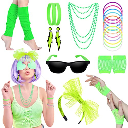 Accessoires de Mode des Années 80, Néon Costumes de Fête pour Femme, Lunettes de Soleil, Bracelet, Gants en Dentelle, Noeud Papillon, Collier à Jambes Chaudes, Boucles D'oreilles(Vert)