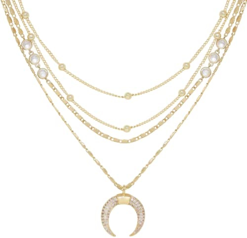 Ettika Pendant Necklace for Women. Layered 18k Gold Plated and Cubic Zirconia Chain & Crescent Horn Necklace. Fashion Jewelry