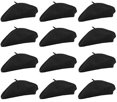 PODALOA 12 Pieces Berets for Women, Wool French Beret Hats for Women Costumes Artist Painter Caps Solid Color Style (Black)
