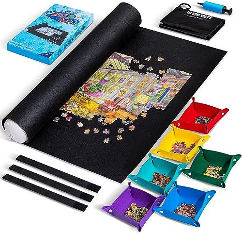 Lavievert Jigsaw Puzzle Mat Roll Up with 6 Color Sorting Trays, Store and Transport Puzzles Up to 2000 Pieces, Portable Puzzle Board Saver Keeper with Storage Bag & Hand Pump for Adults
