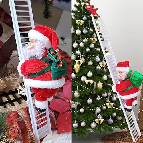 Climbing Santa Ladder Electric Santa Claus Climbing Ladder Up and Down Creative Plush Santa Claus Figure with Bag Musical Moving Santa Indoor Xmas Tree Hanging Ornaments for Party Home Decor