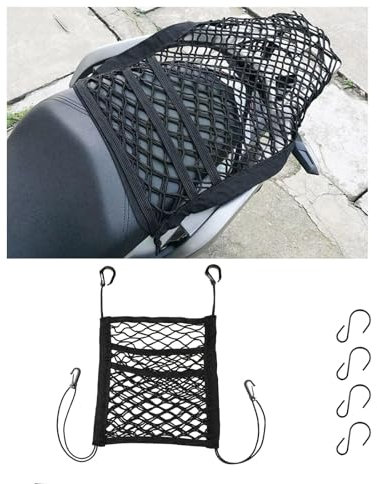 Suvnie Rete cargo per casco da moto, 24 x 27 cm, alta elasticità, a triplo strato, con 4 ganci, tasca portaoggetti in rete per sedile auto, organizer di espansione per cinghie per bagagli (4 bordi