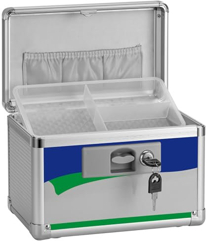GODLONSEN Cassetta di sicurezza per medicinali – 25,4 x 15,2 x 17,9 cm – Scatola portaoggetti con serratura per farmaci, kit di primo soccorso vuoto, con chiave, per casa/esterno (blu/piccolo)