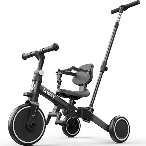 besrey Vélo pour tout-petits avec poignée de poussée à contrôle parental pour filles et garçons de 1 à 3 ans, tricycle pour enfants, tricycle pour tout-petits avec pédale amovible, siège réglable,Noir