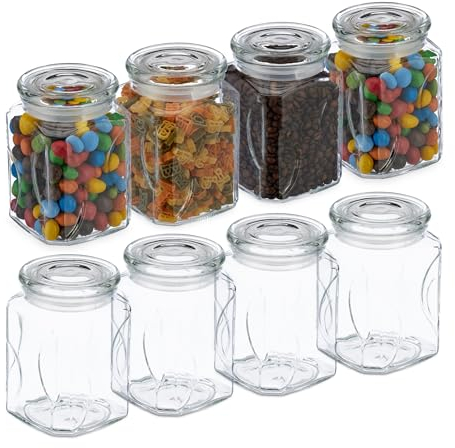 Relaxdays Vorratsgläser mit Deckel, 8er Set, Glas, 750 ml, eckige Vorratsdosen, luftdichte Glasbehälter, transparent