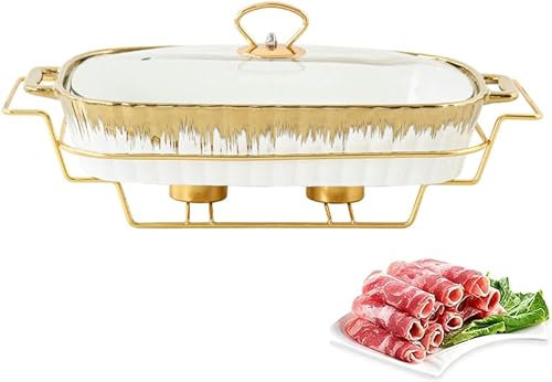 Keramik Chafing Disk Buffet Set, Underglasyr rektangel buffé Chafers W/Glas Transparent Lock & Chafing Fuel Holder, Winter Food Warming (M)