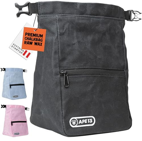 APE13® Chalkbag Bouldern in 3 Farben – Robuster Magnesiabeutel mit Rolltop & Magnetverschluss – Chalk Bag groß mit Bürstenhalter & Reißverschlusstaschen – Kletter & Boulder Zubehör (Classic Black)