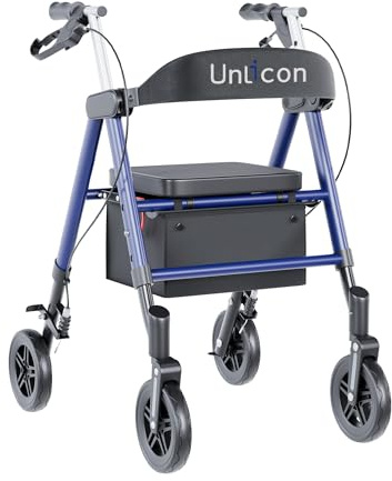 Unicon Rollator Walkers with Seat, Foldable Rollator Walker, Reinforced Aluminum Frame, Dual-Height Adjustment, 8 Big Wheels for All Terrain, 300 lb. Weight Capacity, Ideal Gifts for Seniors -Blue