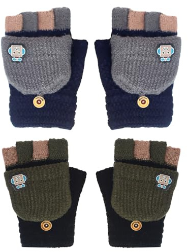 KASESSS 2 Paires Gants Enfant Hiver Avec Couverture Convertibles Mitaines Enfant Pour 6-12 Ans GarçOn Doux TricotéS Chauds Gants Enfants Avec Dessin De Robot, Gris, Bleu Marine