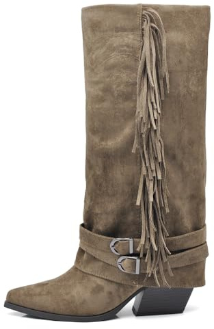IF Stivali Texani da Donna Cowboy Cowgirl in Camoscio Sintetico con Frange Cinturini e Fibbie Stile Camperos con Ghetta G709 Khaki N.39
