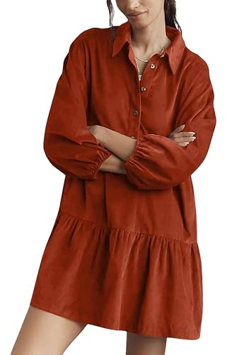 Hoonjie Womens Mini Shirt Corduroy Dress Lantern Sleeve Turndown Collar Button Up Babydoll Dress with Pockets(Rust-M)