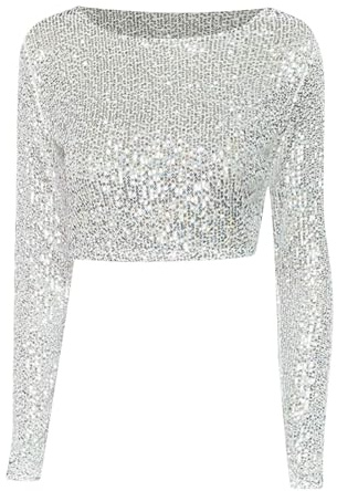 Generisch Top de manga larga con lentejuelas para mujer, plata, S