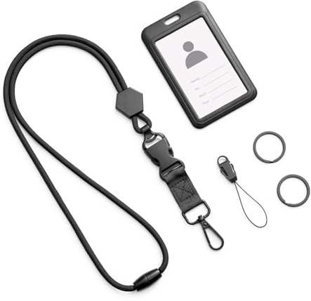 MORSUNBELA Porte Badge Tour de Cou Porte Badge avec Cordon Tour de Cou, Détachable avec Lanière pour Clés et Badge de Travail Carte d'Identité Carte de Bus, Noir