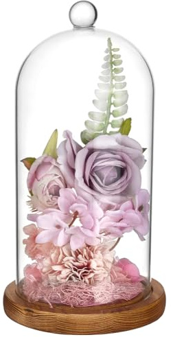 BENECREAT - Campana de cristal de 12,2 x 23 cm con base de madera, campana de cristal rústica para plantas ornamentales, tapa de flores eternas luminosa y decoración de mesa (marrón sillín)