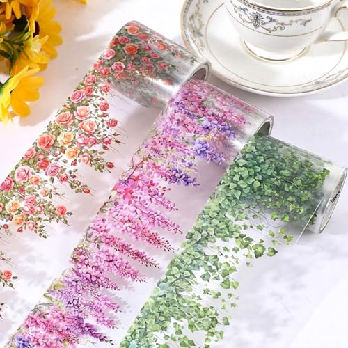 Kynigo 3 rullar vintage blommor washi tejp set, transparent PET blomranka tejp