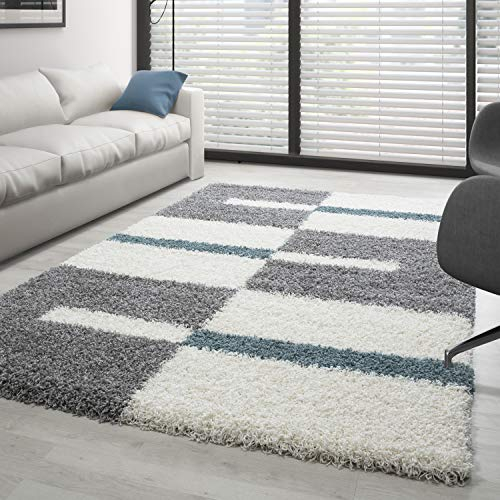 Carpettex Hochflor Teppich Wohnzimmer Shaggy Flokati Teppich Modern Kariert Design 200 x 290 cm Türkis - Teppich Schlafzimmer Weich Flauschig Waschbar Teppich Küche Esszimmer - Langflor Teppiche