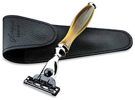 Haryali London 3 edge razor with horn replica handle and leather case