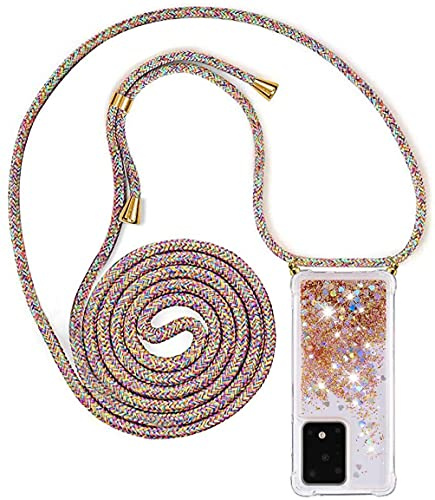IPhone-halsband silikonskal, flytande glitter flickor kvinnor fodral, gnista med axelrem och snodd med justerbar snodd ficka för mobiltelefon, Gyllene, Samsung Galaxy S20 Ultra 5G
