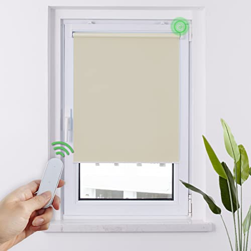 HOMEDEMO M100 Elektrische Rollos Verdunkelungsrollo mit Motor & Fernbedienung, Creme 120x140cm(BxH), Smart Rollo ohne Bohren klemmfix & mit Bohren, Sonnenschutz Sichtschutz Rollo für Fenster
