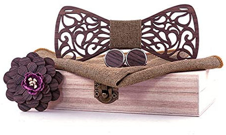 RQPYQF Ensemble de Noeud Papillon en Bois, Boutons de Manchette, Broche et Carré de Poche - Accessoires Homme pour Mariage Cadeau (Style#10)