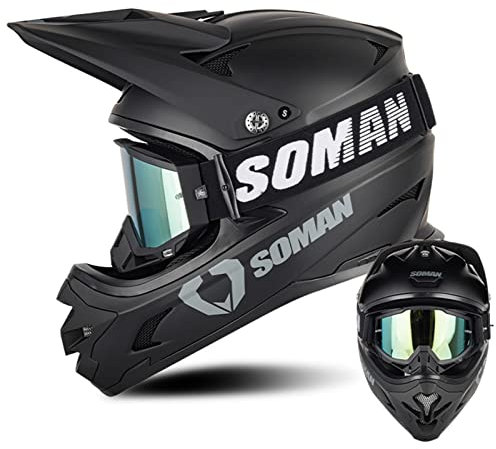 Casque Moto Cross Homme Set, Casque Moto Enfant avec Goggles, Casque Moto Cross pour BMX MTB Quad Enduro ATV Scooter - ECE/DOT Homologué (Noir mat, S-XXL)