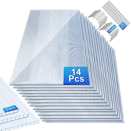 Sonnewelt Plaques de Serre 14 pcs, avec 50 x W-Clips et 50 x Z-Clips,Polycarbonate alvéolaire découpables,60,5x121 cm Polycarbonate alvéolaire 4mm Clair,pour Serre Horticulture etc.