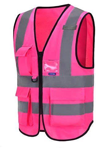 AYKRM 21 Färger Hög Synlighet Väst Med Dragkedja Fram - Hi Vis Verkställande Väst Med Telefon Och ID-Fickor, Rosa, 6XL-7XL-8XL