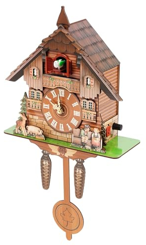Queeucaer Orologio a cucù realizzato a mano, orologio da parete in stile foresta nera europeo, stile foresta nera, con movimento al quarzo e chiamata a cucù, MTZXL-6544-DKTD