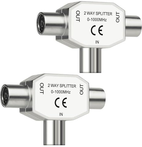 2X Antennen Verteiler 2 Fach, Antennenverteiler, TV Splitter, Antennenkabel Verteiler, T-Kupplung Zweigeräte-Verteiler, T-Kupplung 0-1000Mhz, für Digitales TV und Kabel TV