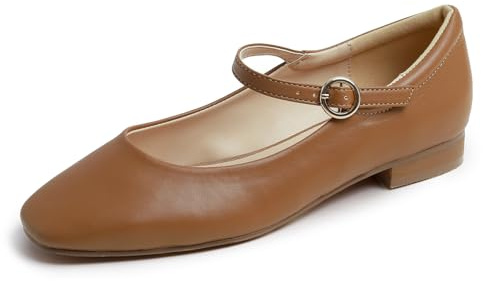 Feversole Women's Square Mary Jane Fashion，Dames élégantes Chaussures décontractées Ballet Plat Bout carré Confortable Marche Quotidienne Mary Jane Chaussures de Mode Camel Cuir végétal 39 EU