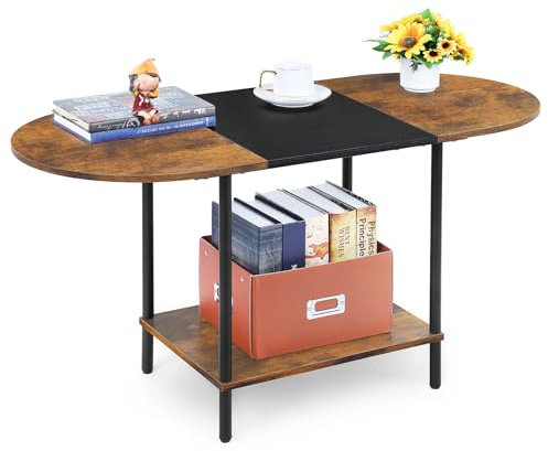 CADUKE Couchtisch, Wohnzimmer Tisch für Couch, Ovaler Couchtisch aus Holz mit Stauraum, 2 Ebenen, Sofatisch mit stabilen Metallbeinen, Vintagebraun