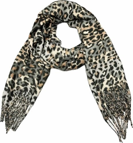 XXL leopard gradient höst vinter halsduk stola tyg övergångshalsduk bomull med fransar leo, GRÅ, 190 x 68 cm